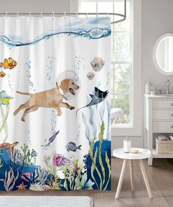 Funny Dog Shower Curtain with Ocean Fish Print - Beagle Animal Fun Kids Theme Fabric for Coastal Bathroom Decor