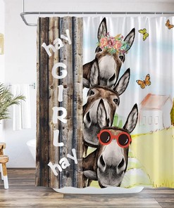 Funny Donkey Rustic Wood Board Farmhouse Country Barn Door Fabric Shower Curtain - Rural Life Inspired Bathroom Decor