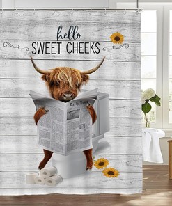 Funny Highland Cow Shower Curtain - Rustic Farm Animal Bathroom Decor