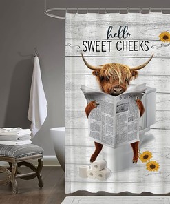 Funny Highland Cow Shower Curtain - Rustic Farm Animal Bathroom Decor