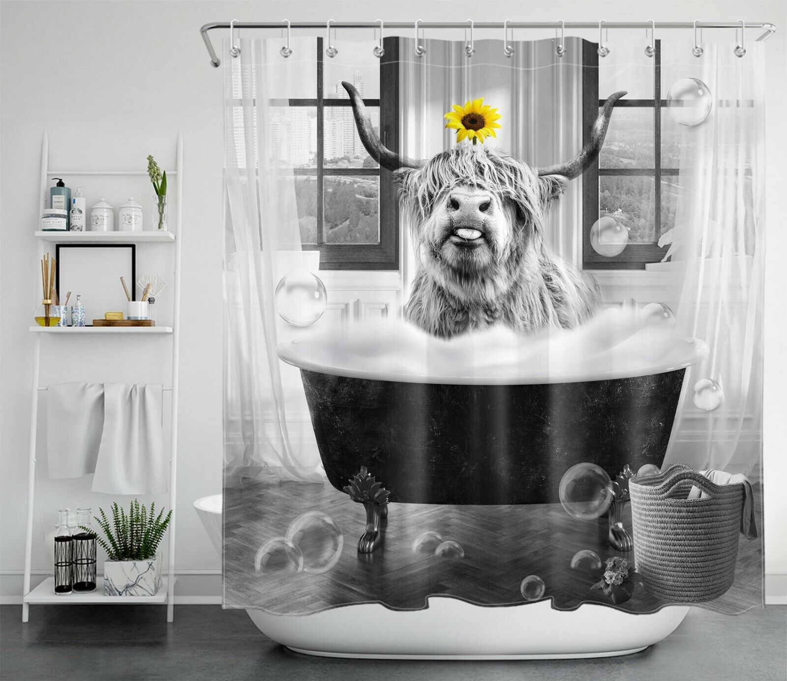 Funny Highland Cow and Sunflower Shower Curtain for Bathroom Decor