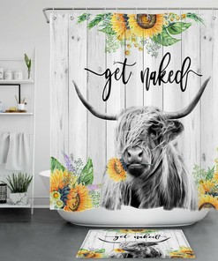 Funny Rustic Word Highland Cow Sunflower Shower Curtain for Bathroom Decor