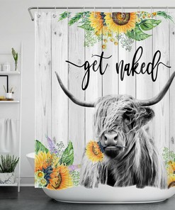 Funny Rustic Word Highland Cow Sunflower Shower Curtain for Bathroom Decor