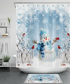 Funny Snowman Snowflake Cardinals Winter Shower Curtain for Bathroom Decor
