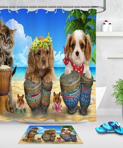 Funny Summer Beach Shower Curtain with Cute Dog and Cat for Bathroom