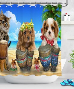 Funny Summer Beach Shower Curtain with Cute Dog and Cat for Bathroom