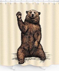 Funny Waving Bear Shower Curtain - Lovely Brown Bear Saying Hello Print on Fabric for Kids Bathroom Decor