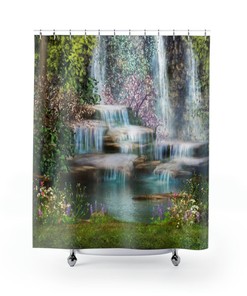 Garden and Waterfall Scenic Shower Curtain, Fabric Bathroom Curtain for Nature-inspired Home Decor
