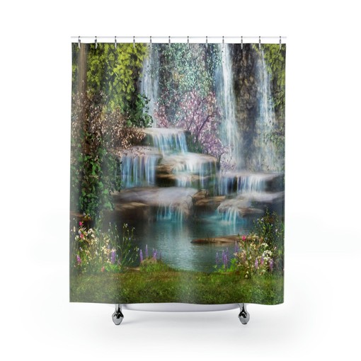 Garden and Waterfall Scenic Shower Curtain, Fabric Bathroom Curtain for Nature-inspired Home Decor