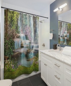 Garden and Waterfall Scenic Shower Curtain, Fabric Bathroom Curtain for Nature-inspired Home Decor