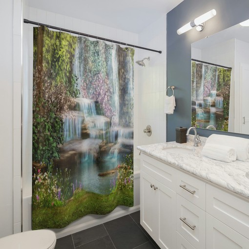 Garden and Waterfall Scenic Shower Curtain, Fabric Bathroom Curtain for Nature-inspired Home Decor