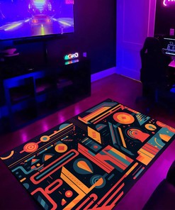 Geometric Game Typography Arcade Pattern Rug, Customizable Area Rug for Bedroom
