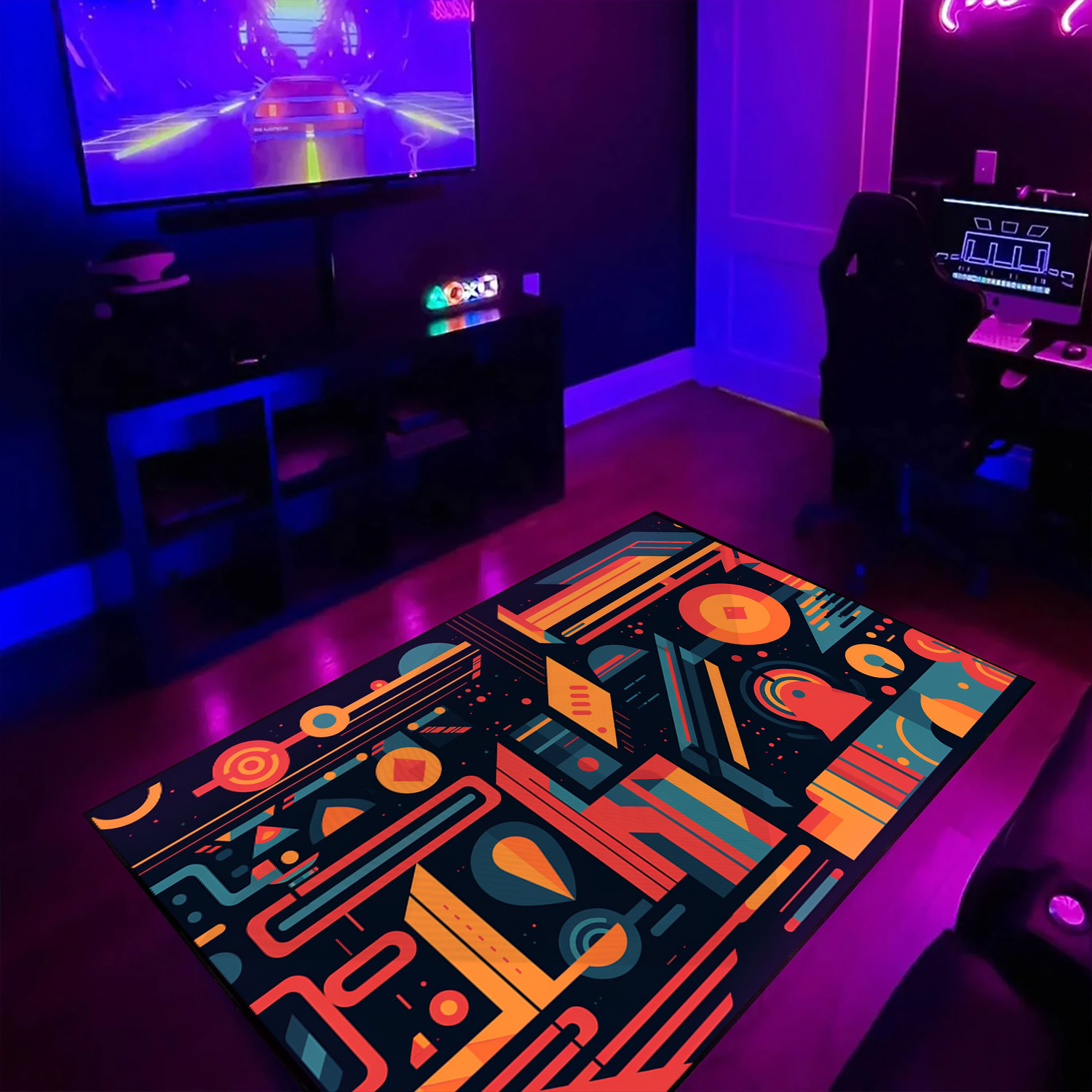 Geometric Game Typography Arcade Pattern Rug, Customizable Area Rug for Bedroom