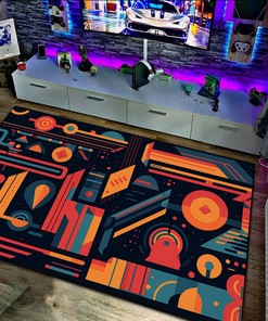 Geometric Game Typography Arcade Pattern Rug, Customizable Area Rug for Bedroom