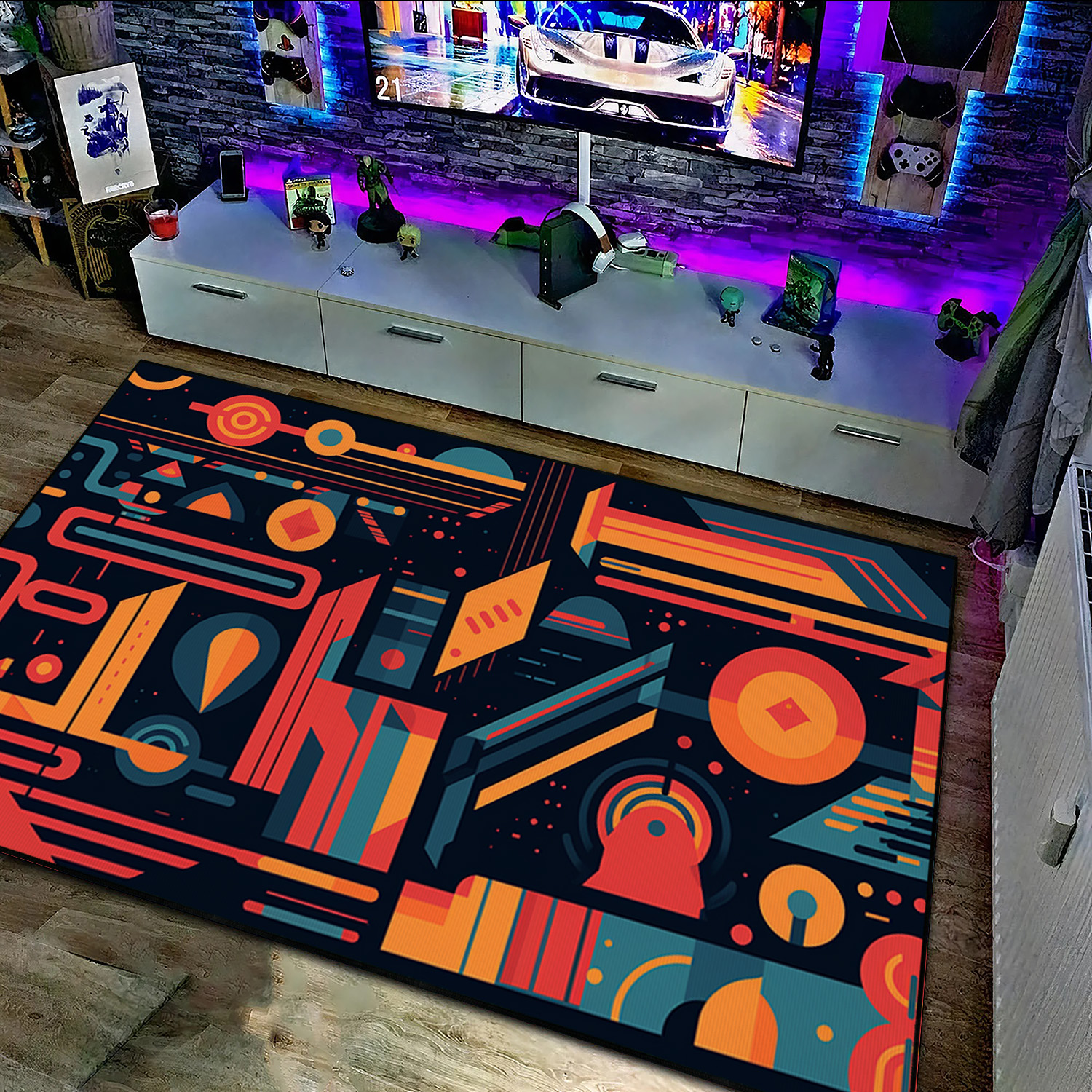 Geometric Game Typography Arcade Pattern Rug, Customizable Area Rug for Bedroom