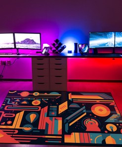Geometric Game Typography Arcade Pattern Rug, Customizable Area Rug for Bedroom