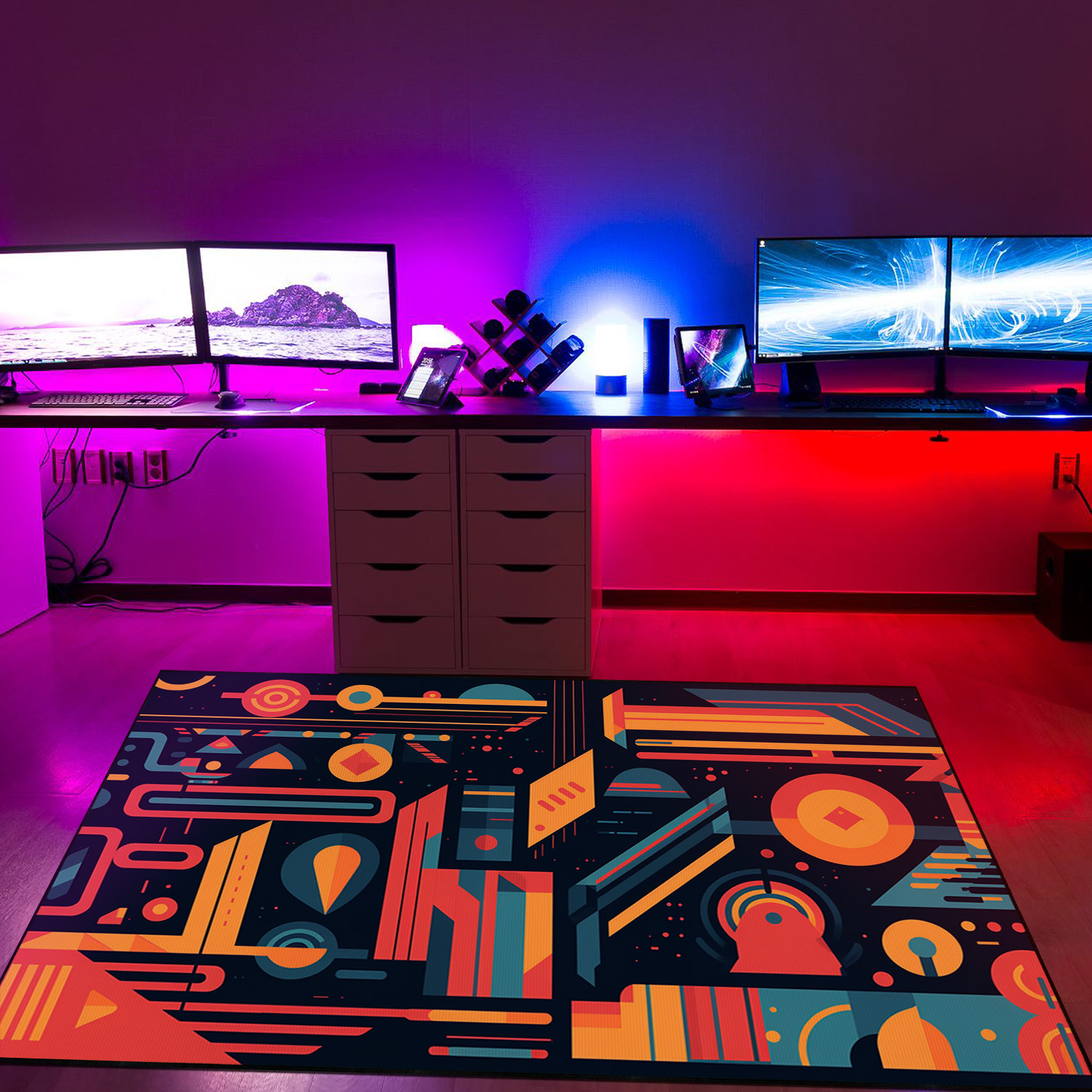 Geometric Game Typography Arcade Pattern Rug, Customizable Area Rug for Bedroom