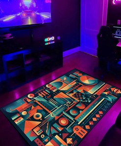 Geometric Game Typography Arcade Pattern Rug, Customizable Area Rug for Living Room