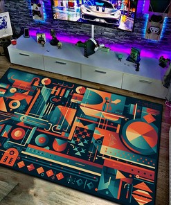 Geometric Game Typography Arcade Pattern Rug, Customizable Area Rug for Living Room