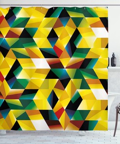 Geometric Green Figures Print Shower Curtain - Yellow Bathroom Decor - Modern Bathroom Accessory