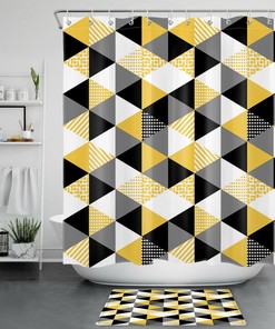 Geometric Pattern Shower Curtain - Yellow White Black Gray - Bathroom Decor