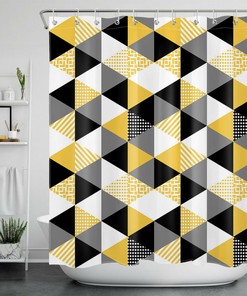 Geometric Pattern Shower Curtain - Yellow White Black Gray - Bathroom Decor