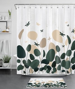 Geometric Plant and Leaf Shower Curtain with Rustic Board Style for Bathroom Decor