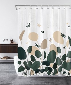 Geometric Plant and Leaf Shower Curtain with Rustic Board Style for Bathroom Decor