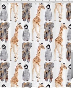 Giraffe Elephant Penguin Watercolor Shower Curtain - Bathroom Accessory Set