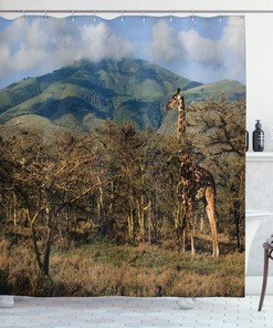 Giraffe and Trees Shower Curtain - Africa Safari Print on Fabric for Zoo Bathroom Decor
