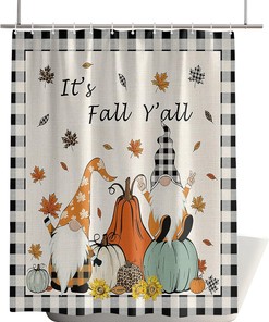 Gnome Pumpkin Thanksgiving Shower Curtain - Checker Waterproof Fabric with Maple Leaf Retro Linen Decor