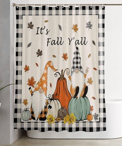 Gnome Pumpkin Thanksgiving Shower Curtain - Checker Waterproof Fabric with Maple Leaf Retro Linen Decor