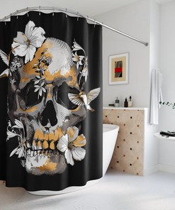 Gothic Sugar Skull Tropical Bloom Skull Shower Curtain - Perfect for Your Bathroom Decor with Hummingbirds and Hibiscus Flowers