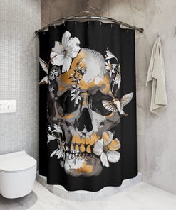 Gothic Sugar Skull Tropical Bloom Skull Shower Curtain - Perfect for Your Bathroom Decor with Hummingbirds and Hibiscus Flowers