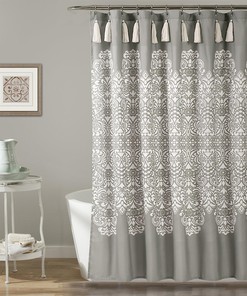 Gray Bohemian Medallion Shower Curtain with Tassels for Stylish Bathroom Decor