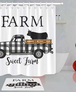 Gray Checkered Truck Shower Curtain - Farm Animal Bathroom Decor