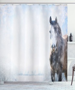 Gray Horse Snow Scenery Winter Shower Curtain for Bathroom