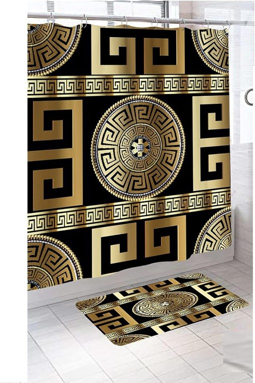 Greek Key Shower Curtain - Geometric Bathroom Decor with Non-Slip Fabric