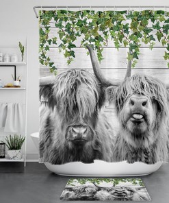 Green Leaf Highland Cow Shower Curtain for Retro Bathroom Decor 