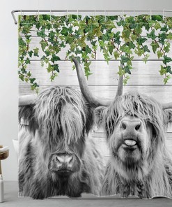 Green Leaf Highland Cow Shower Curtain for Retro Bathroom Decor