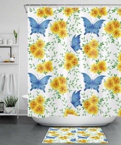Green Leaves, Yellow Flower and Blue Butterfly Watercolor Shower Curtain - Bathroom Fabric