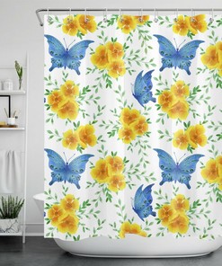 Green Leaves, Yellow Flower and Blue Butterfly Watercolor Shower Curtain - Bathroom Fabric