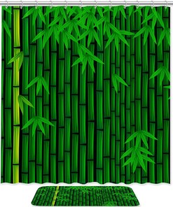 Green Pattern Bamboo Shower Curtain for Bathroom Decor