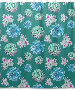 Green Succulent Pattern Fabric Shower Curtain - Modern Spa Bathroom Decor 