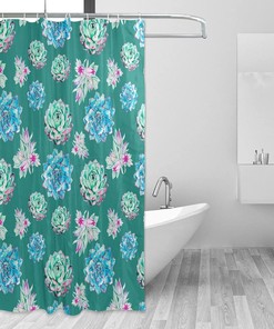 Green Succulent Pattern Fabric Shower Curtain - Modern Spa Bathroom Decor