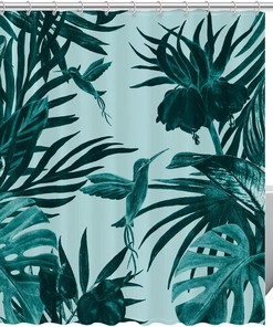 Green Tropical Hummingbird Palm Leaf Fabric Shower Curtain for Bathroom Decor