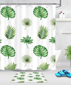 Green Tropical Leaves Watercolor Shower Curtain, Stylish Bathroom Decor and Housewarming Gift