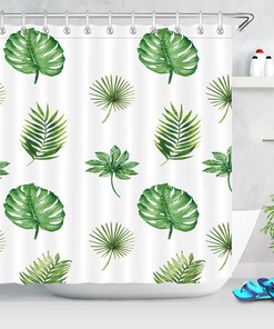 Green Tropical Leaves Watercolor Shower Curtain, Stylish Bathroom Decor and Housewarming Gift