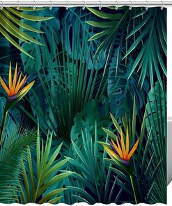 Green Tropical Palm Leaf Fabric Shower Curtain for Bathroom Decor
