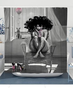 Grey African American Woman Shower Curtain for Bathroom - Housewarming Gift